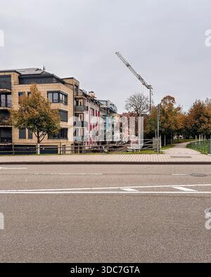 Rastatt, Germania - 15 ottobre 2024: Moderni edifici residenziali lungo la strada, circondati da vivaci alberi autunnali e da una gru da costruzione, creati Foto Stock