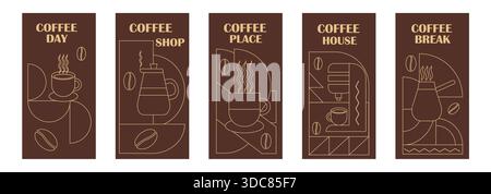 Collezione di banner geometrici a tema caffè. Illustrazione del caffè disegnata a mano. Sfondo linea geometrica astratta. Icone del caffè, design delle linee con forme semplici per caffetterie, imballaggi dei prodotti, pareti dei caffè e menu. Illustrazione Vettoriale