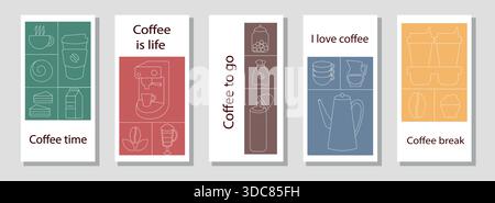 Collezione di banner geometrici a tema caffè. Illustrazione del caffè disegnata a mano. Sfondo linea geometrica astratta. Icone del caffè, design delle linee con forme semplici per caffetterie, imballaggi dei prodotti, pareti dei caffè e menu. Illustrazione Vettoriale