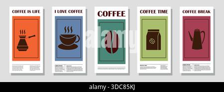 Collezione di banner geometrici a tema caffè. Illustrazione del caffè disegnata a mano. Sfondo linea geometrica astratta. Icone del caffè, design delle linee con forme semplici per caffetterie, imballaggi dei prodotti, pareti dei caffè e menu. Illustrazione Vettoriale