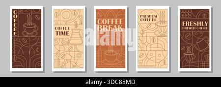 Collezione di banner geometrici a tema caffè. Illustrazione del caffè disegnata a mano. Sfondo linea geometrica astratta. Icone del caffè, design delle linee con forme semplici per caffetterie, imballaggi dei prodotti, pareti dei caffè e menu. Illustrazione Vettoriale