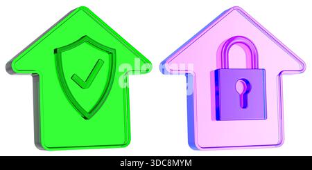 Icone di sicurezza della casa con segno di spunta scudo e lucchetto. Rendering 3D isolato su sfondo bianco Foto Stock