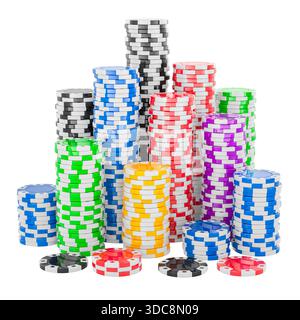 Gettoni per il casinò, pile colorate di gettoni per il gioco d'azzardo del poker. Rendering 3D isolato su sfondo bianco Foto Stock