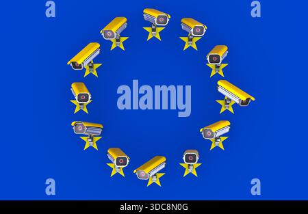 Telecamere di sicurezza disposte come stelle della bandiera UE, rendering 3D. Foto Stock