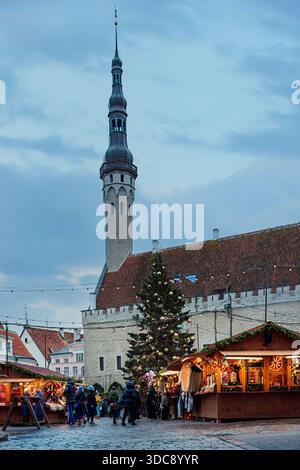 Tallinn, Estonia - 3 dicembre 2025: Il calore stagionale si diffonde in tutta la Piazza del Municipio mentre un albero di Natale decorato e bancarelle festose radunano la gente Foto Stock