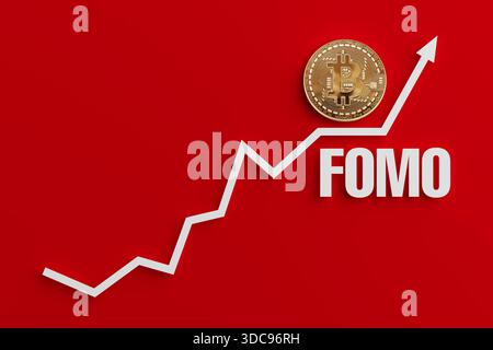 Paura di perdere il concetto di investimento in criptovaluta. Bitcoin Coin in aumento con Freccia verso l'alto e Fomo Text su sfondo rosso con spazio copia. Ren. 3d Foto Stock