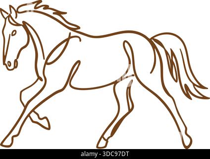 Grazioso disegno in linea di un cavallo a metà corsa con criniera e coda fluenti. Illustrazione Vettoriale