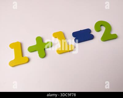 Semplice equazione aritmetica usando figure educative colorate, che mostrano che uno più uno è uguale a due. Foto Stock