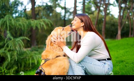 Donna che riceve affetto dal cane Golden retriever nel parco Foto Stock