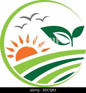 Sunset Farm campo paesaggio Logo Design Agricoltura natura icona modello Vector Illustrazione Vettoriale