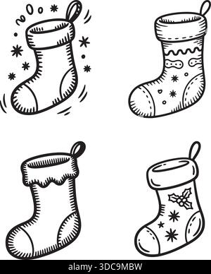 Illustrazione vettoriale delle calze natalizie in bianco e nero su sfondo bianco Illustrazione Vettoriale