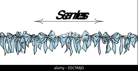 Bordo senza cuciture con fiocco blu Coquette Ribbon. Montatura vintage femminile disegnata a mano per inviti di nozze, tessuti, design stagionali, carte, banner Web. Illustrazione vettoriale. Illustrazione Vettoriale