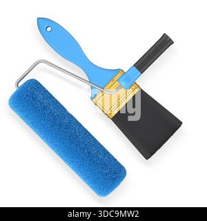 Rullo per pittura e pennello a setole nere con manici isolati su sfondo bianco con percorso di ritaglio, che rappresenta strumenti di pittura e ristrutturazione Foto Stock