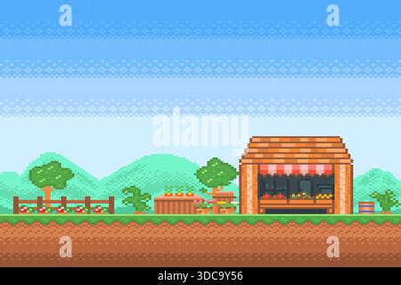 Negozio di semi con un appezzamento di verdure nelle vicinanze su sfondo blu. Illustrazione vettoriale pixel art, classico gioco platform 2D a scorrimento laterale dell'era NES del 1985 Illustrazione Vettoriale