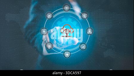 Un'interfaccia digitale che mostra un sistema di database cloud con icone di tecnologia interconnessa, che rappresentano il cloud computing, l'integrazione dei dati e il cybersecu Foto Stock