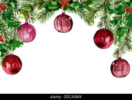 Ramo in abete rosso acquerello con baubles in vetro, bacche rosse agrifoglio con cornice orizzontale A4. Bordo bianco natalizio invernale. Modello per il testo. Decorazioni natalizie Foto Stock