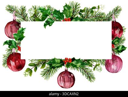 Ramo di abete rosso acquerello con baubles di vetro, bacche rosse agrifoglio in cornice rettangolare. Bordo bianco natalizio invernale. Modello per il testo. Decorazioni natalizie Foto Stock