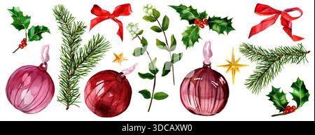 Set di giocattoli per l'albero di Natale con acquerello. Ramoscello di abete rosso, foglie di agnello, bacca rossa, sfere di vetro isolate. Illustrazione degli elementi di design per il bouquet di Natale Foto Stock