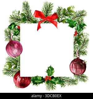 Ramo di abete rosso acquerello con baule natalizie, pianta Holly in cornice quadrata. Bordo di sfondo natalizio invernale con palline di vetro lucenti. Modello di testo Foto Stock