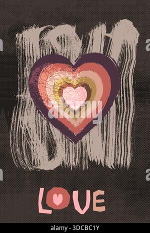 Moderno poster a forma di cuore boho dipinto a mano vettoriale o biglietto d'auguri in tonalità marroni e testo carino che ama i disegni di San Valentino Illustrazione Vettoriale