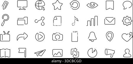Icone di una riga dell'interfaccia multimediale. Navigazione, barra degli strumenti e impostazioni, e-mail e fotocamera, cuore e posizione, musica simboli a linee continue per app Web e. Illustrazione Vettoriale