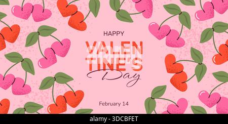 Striscione orizzontale di San Valentino con ciliegie Illustrazione Vettoriale