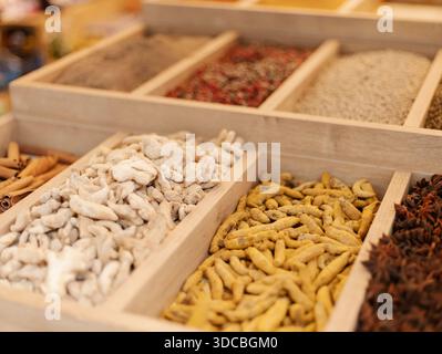 Diversi tipi di spezie sono disposti in scatole di legno in un mercato. La scena mostra una varietà di colori e trame. La gente si trova nelle vicinanze, negozi e. Foto Stock