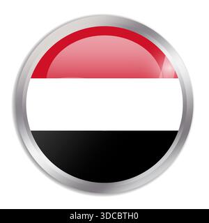 Bandiera dello Yemen - il bottone circolare lucido nella cornice metallica mostra una bandiera colorata di un'identità e un patrimonio culturale del paese. L'essenza dell'orgoglio nazionale e dell'unità. Illustrazione Vettoriale
