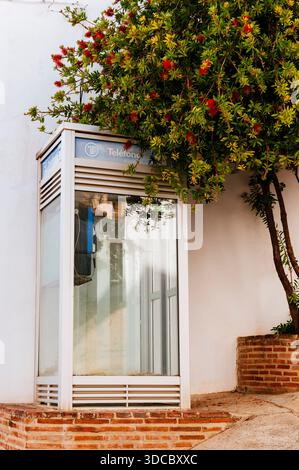 Cabina telefonica pubblica vintage. Alpandeire, Sierra de Ronda, Málaga, Andalucía, Spagna, Europa Foto Stock