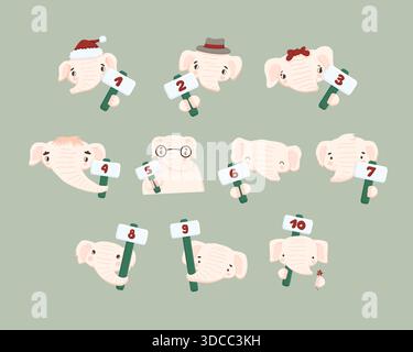Serie di cartoni animati disegnati a mano, elefanti bianchi o rosa chiaro, con numeri da 1 a 10. Illustrazioni figlio isolate dal vettore su sfondo verde Illustrazione Vettoriale