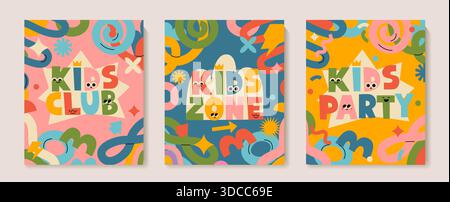 Set di volantini per la zona per bambini, la festa, il club. Pubblicità di luoghi per eventi per bambini. Divertente design colorato per bambini con elementi disegnati a mano. Zona per bambini per l'intrattenimento. Illustrazione vettoriale Illustrazione Vettoriale