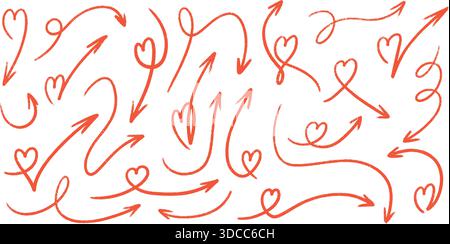 Collezione Red Crayon Heart Arrow di schizzi disegnati a mano. Puntatore marcatore scarabocchi Illustrazione Vettoriale