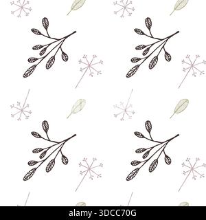 Motivo botanico diagonale senza cuciture con una gamma di verdi invernali, foglie e delicati fiori per una carta da parati elegante Illustrazione Vettoriale