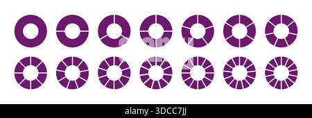 Divisione circolare al 1 2 3 4 5 6 7 8 9 10 11 12 13 14 parti uguali. Ruota viola diagrammi divisi con quattordici segmenti. Vuoto coaching Illustrazione Vettoriale