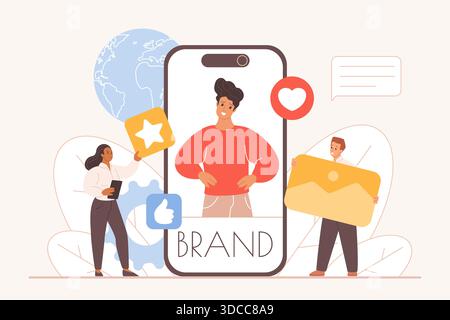 Moderno concetto di branding digitale che mostra alle persone che sviluppano la presenza personale del marchio online con icone dei social media, smartphone ed elementi di comunicazione globale illustrazione vettoriale Illustrazione Vettoriale