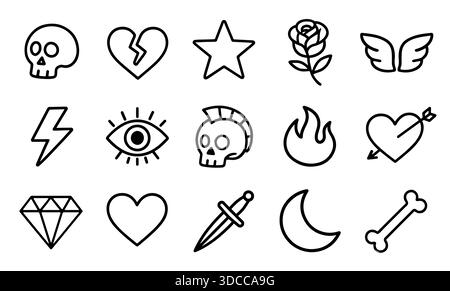 Set di icone del tatuaggio che includono il cuore del teschio le ali della rosa fulmine l'occhio della fiamma il pugnale della luna il diamante dell'osso. Tratto nero audace per adesivi loghi e design isolato su illustrazione vettoriale bianca Illustrazione Vettoriale