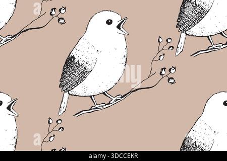 Modello senza cuciture con uccelli divertenti, fiori, foglie. Illustrazione vettoriale piatta con silhouette di uccelli cartoni animati. Personaggi simpatici. Progettare per l'invito Illustrazione Vettoriale