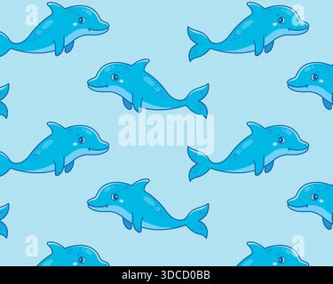 Carino delfino a cartoni animati. Schema del mare. Sfondo isolato. Illustrazione vettoriale. Illustrazione Vettoriale