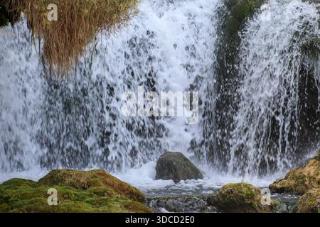 Vista ravvicinata di una piccola cascata naturale che si getta sulle rocce coperte di muschio, catturando acqua fresca che scorre, consistenza e atmosfera tranquilla e selvaggia Foto Stock