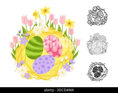 Buone uova di Pasqua nel set di cartoni animati simbolo del nido. Nido illustrativo pasquale pieno di uova decorate fiori primaverili icona lineare a forma di scarabocchio. Vettore isolato su sfondo bianco per invito a cartoline Illustrazione Vettoriale