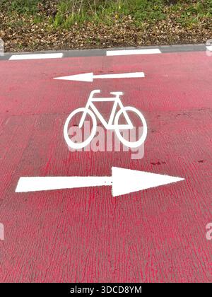 Simbolo della bicicletta stilizzato su un'ampia strada rossa della bicicletta, sopra incluse le frecce per entrambe le direzioni di viaggio, Germania Foto Stock
