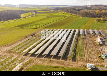 Pannelli solari su un campo in un paesaggio collinare sotto il cielo soleggiato, Energiewende, costruzione di spazi fotovoltaici aperti, Baden-Wuerttemberg, Germania Foto Stock