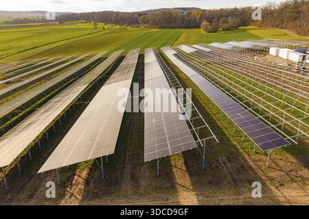 File di pannelli solari disposti in campi verdi, rivoluzione energetica, costruzione di spazi aperti fotovoltaici, Baden-Wuerttemberg, Germania Foto Stock