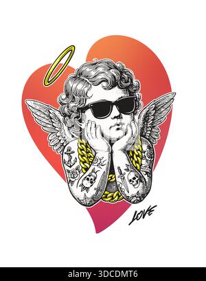 Brutale cupido vintage con tatuaggi, occhiali da sole e catene dorate a forma di cuore sfumata. Ironico e anti romantico concetto di San Valentino per adesivi, abbigliamento, streetwear e stampe. EPS10 vettoriale. Illustrazione Vettoriale