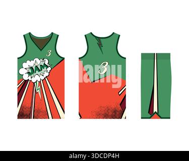 Modello di uniforme da basket per una squadra sportiva. Modello Jersey design vista frontale, vista posteriore e vista laterale. Illustrazione vettoriale Illustrazione Vettoriale
