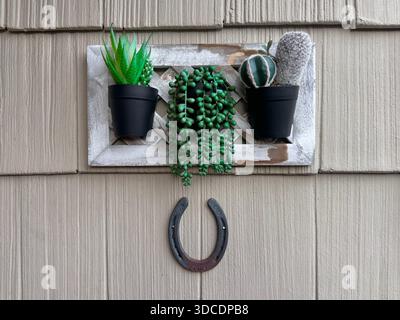 Piantatrice succulenta montata a parete sull'esterno residenziale in California Foto Stock