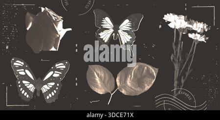 Collage grunge vintage con fotocopia di farfalla e fiori con effetto punk y2k in un'estetica monocromatica. Elementi botanici e insetti in angoscia su sfondo scuro. Composizione del timbro vettoriale. Illustrazione Vettoriale