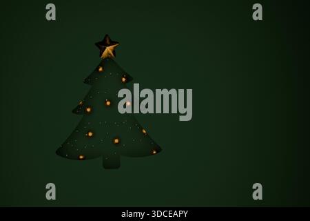 Albero di Natale semplice e astratto con palla giocattolo dorata con luci sottili e una stella dorata su un ricco sfondo verde scuro. Design pulito per le vacanze eleme Foto Stock