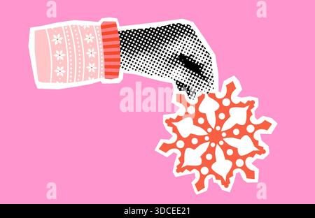 Mano vettoriale mezzitoni con fiocco di neve, divertente collage invernale per poster e inviti Illustrazione Vettoriale