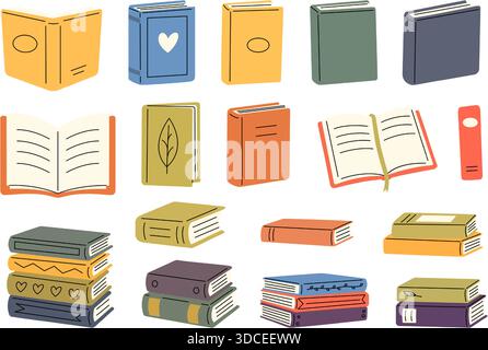 Libri colorati in stile piatto disegnato a mano. Varietà di temi di lettura e letteratura Illustrazione Vettoriale